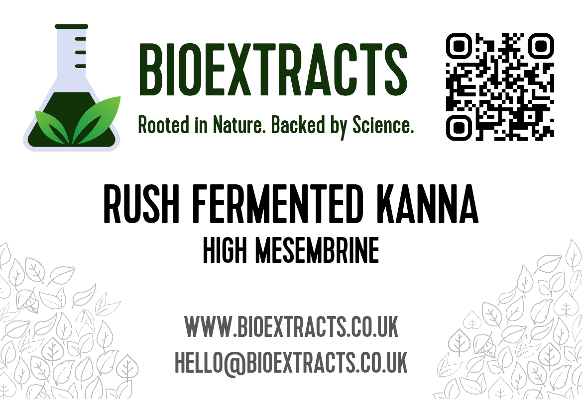 Bioextracts product label for Rush Fermented Kanna High Mesembrine with branding and contact information.