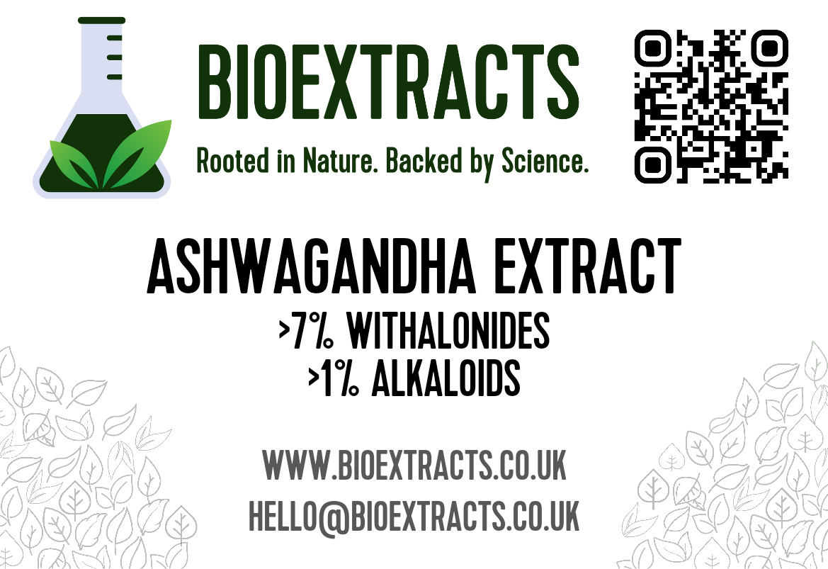 Label for Ashwagandha extracts with the BioExtracts logo, email address hello@bioextracts.co.uk, web address www.bioextracts.co.uk and a QR code directing to bioextracts.co.uk.