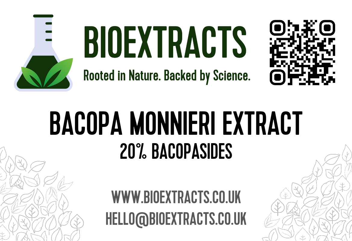 Label for Bacopa Monnieri extracts with the BioExtracts logo, email address hello@bioextracts.co.uk, web address www.bioextracts.co.uk and a QR code directing to bioextracts.co.uk.