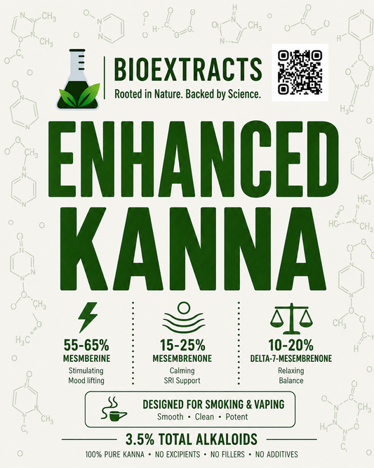 Enhanced Kanna package front label, featuring large green text on an off-white background with chemical structure illustrations. The graphic includes product claims, a QR code, and a small green beaker-and-leaves logo.