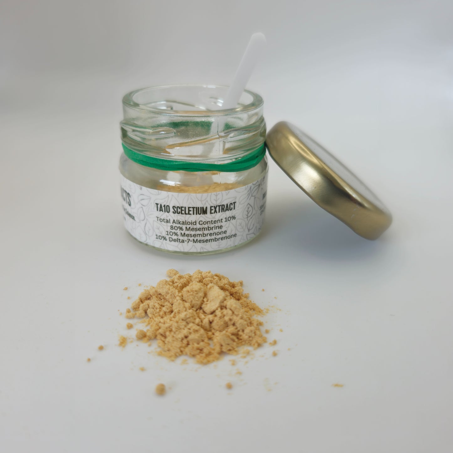 Photo of TA10 Sceletium extract powder from the top with the labeled jar it comes in.