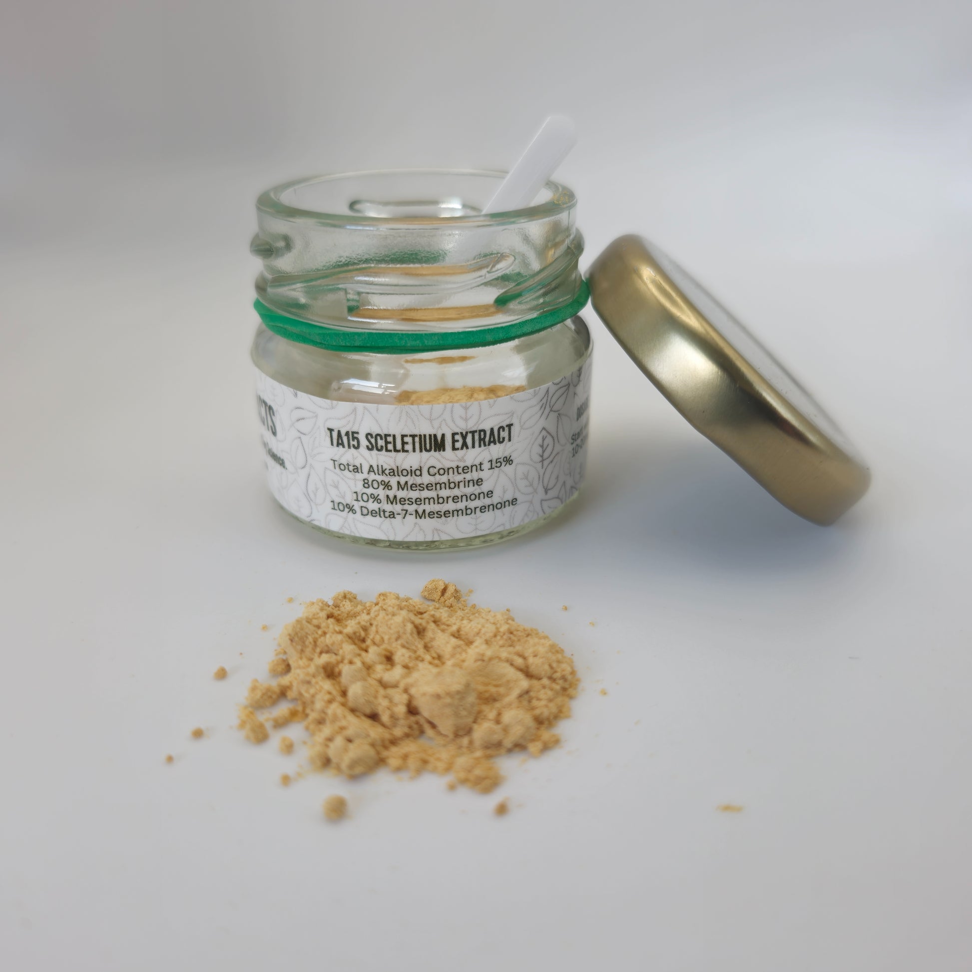 Photo of TA15 Sceletium extract powder from the front with the labeled jar it comes in.