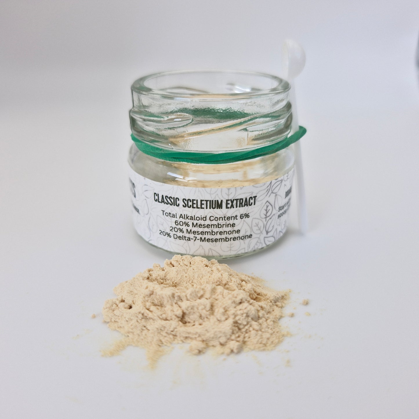 Photo of Classic Sceletium extract powder from the front with the labeled jar it comes in.