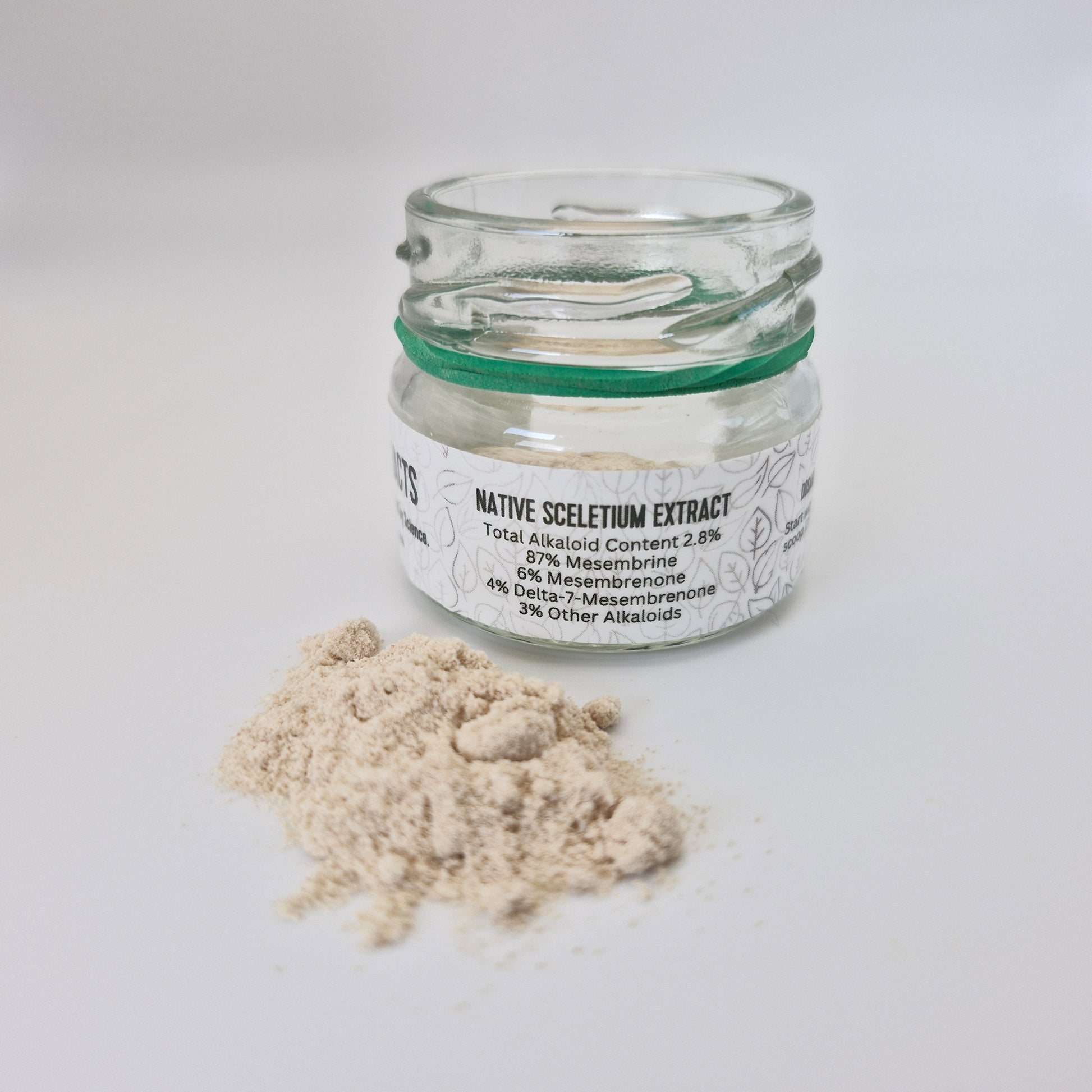 Photo of Native Sceletium extract powder from the front with the labeled jar it comes in.