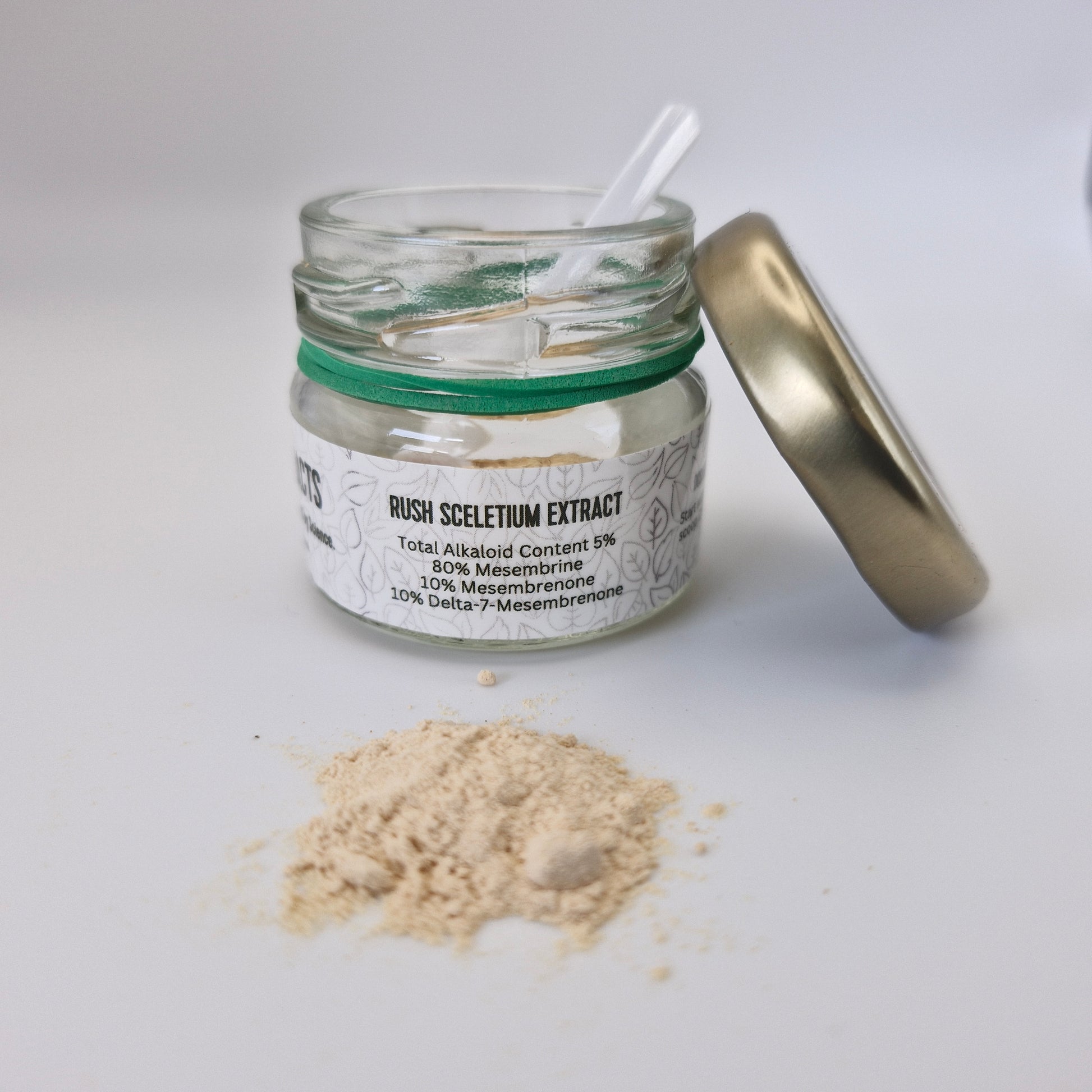 Photo of Rush Sceletium extract powder from the front with the labeled jar it comes in.