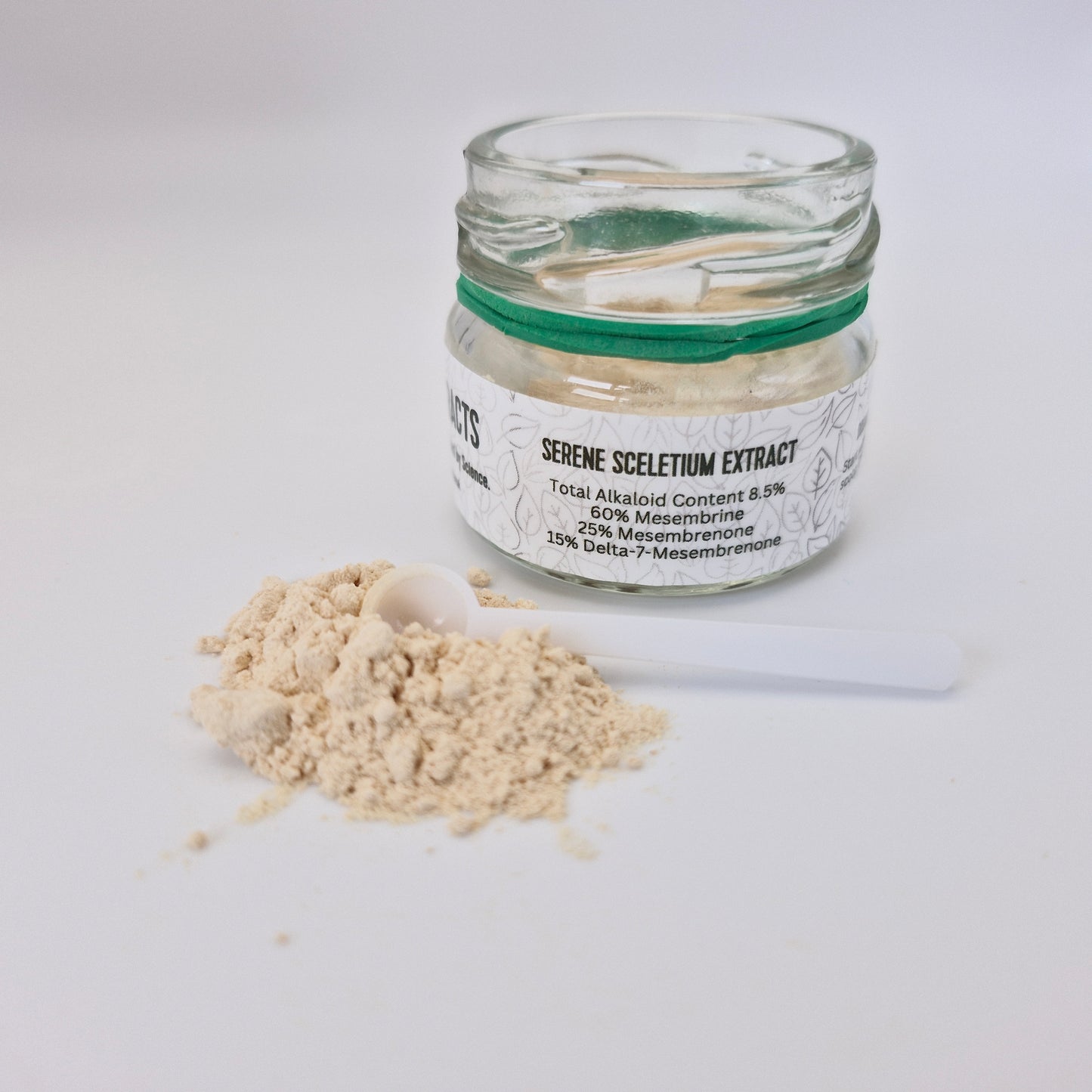 Photo of Serene Sceletium extract powder from the front with the labeled jar it comes in.