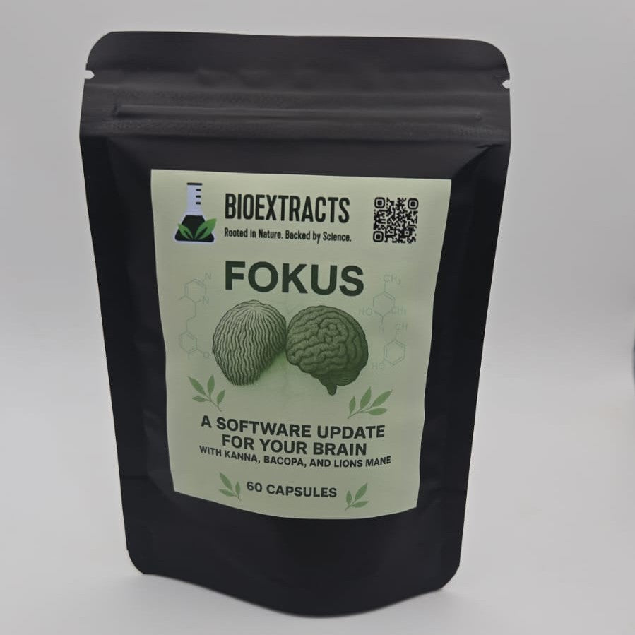 Bioextracts Fokus supplement package on a gray background